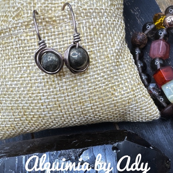 PYRITE BRASS STATEMENT DROP HOOPS - Picture 1 of 2